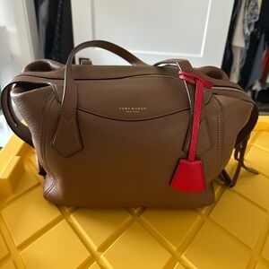 Tory Burch Brown Leather Satchel with Red Tag Accent